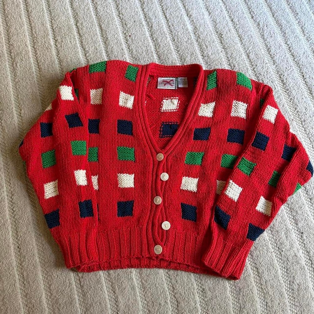 VTG 80s Liz Claiborne Red Block Pattern Knit Cardigan Sweater Size S Cozy Retro